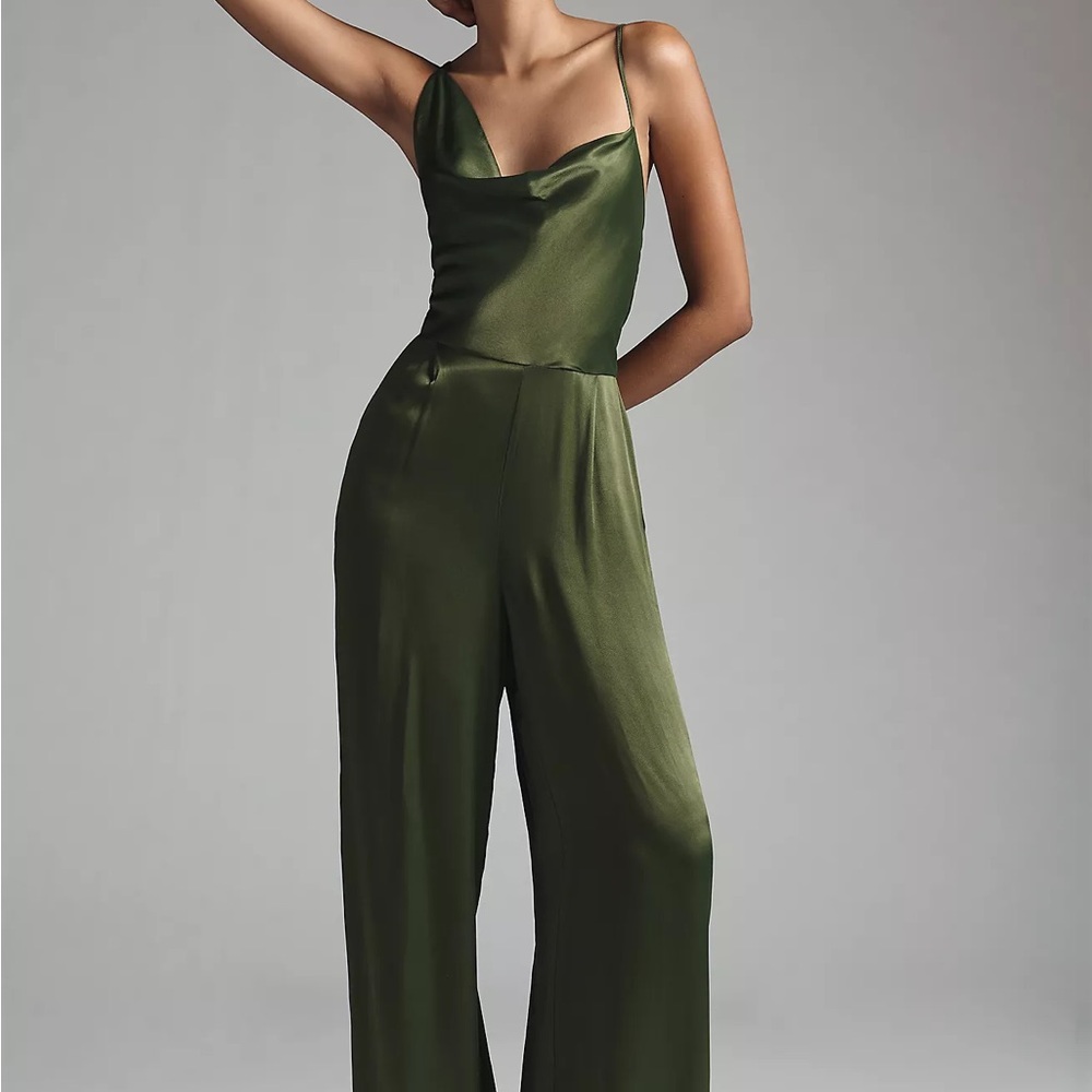 Anthropologie Green Jumpsuit with Spaghetti Straps and Wide-Leg Pants